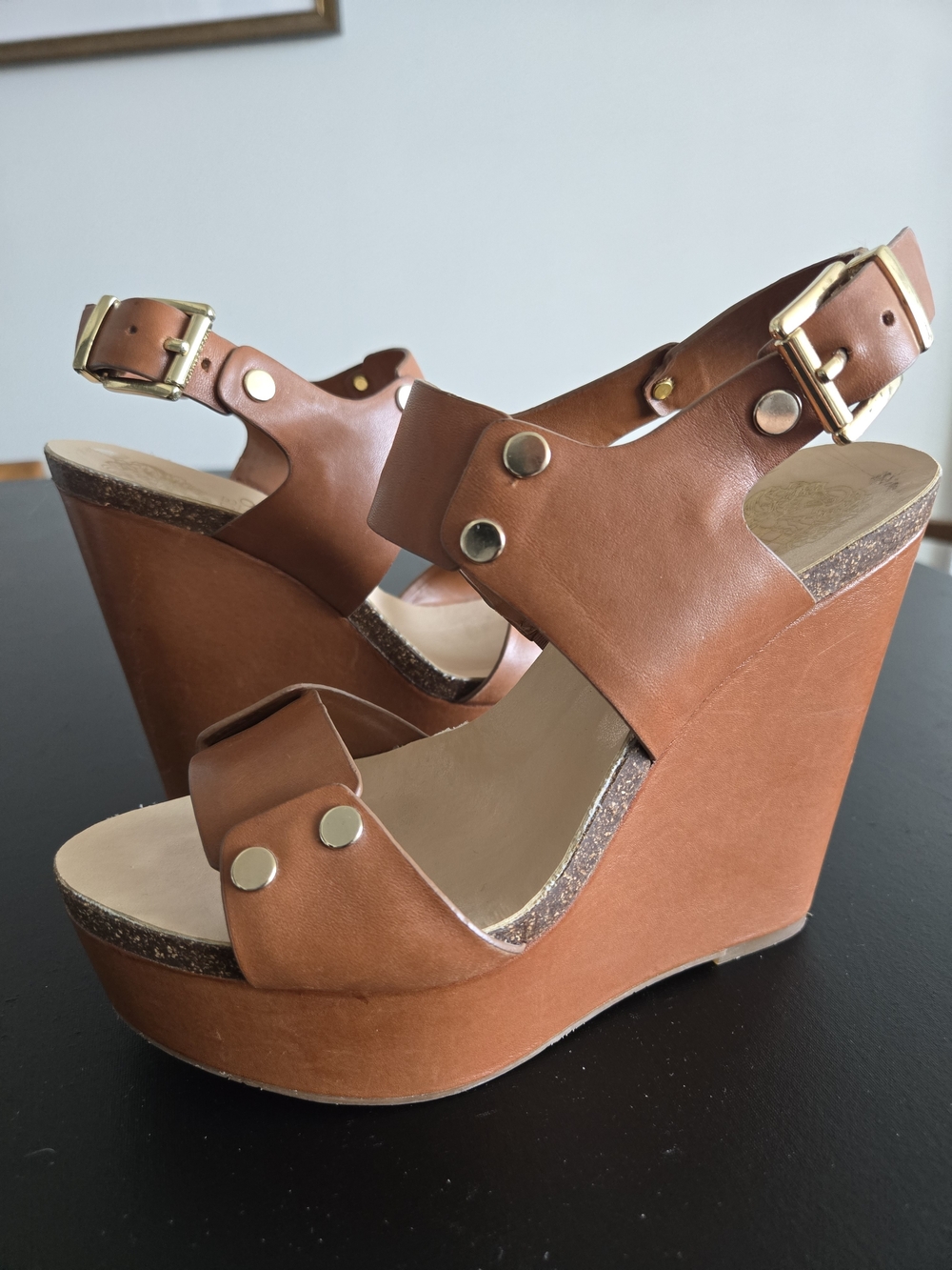 Vince Camuto Koraline Cognac Leather Wedge Sandals 6